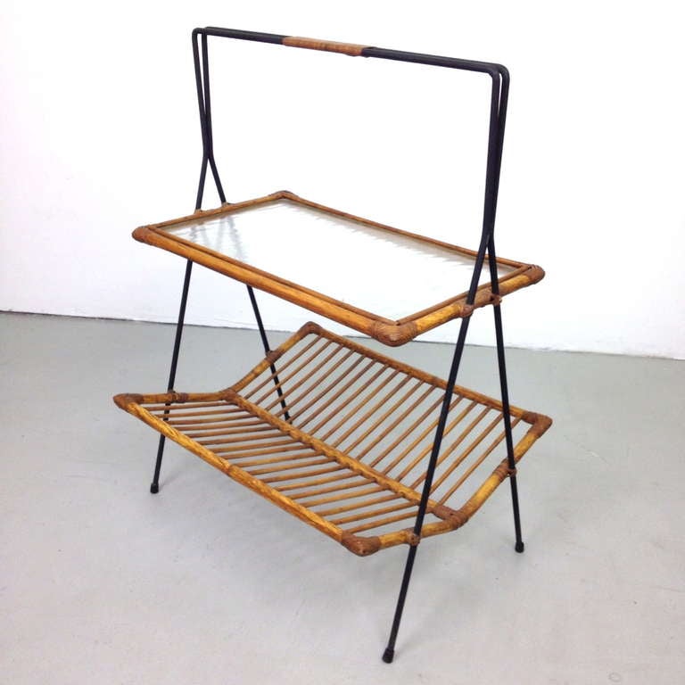American Large Mid Century Iron Rattan and Glass Magazine Side Table