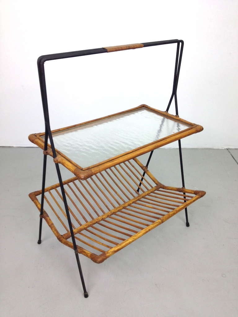 Mid-20th Century Large Mid Century Iron Rattan and Glass Magazine Side Table