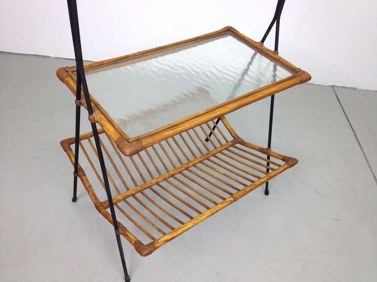 Large Mid Century Iron Rattan and Glass Magazine Side Table 1