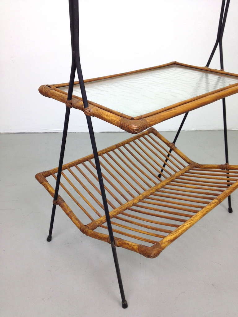 Large Mid Century Iron Rattan and Glass Magazine Side Table 2