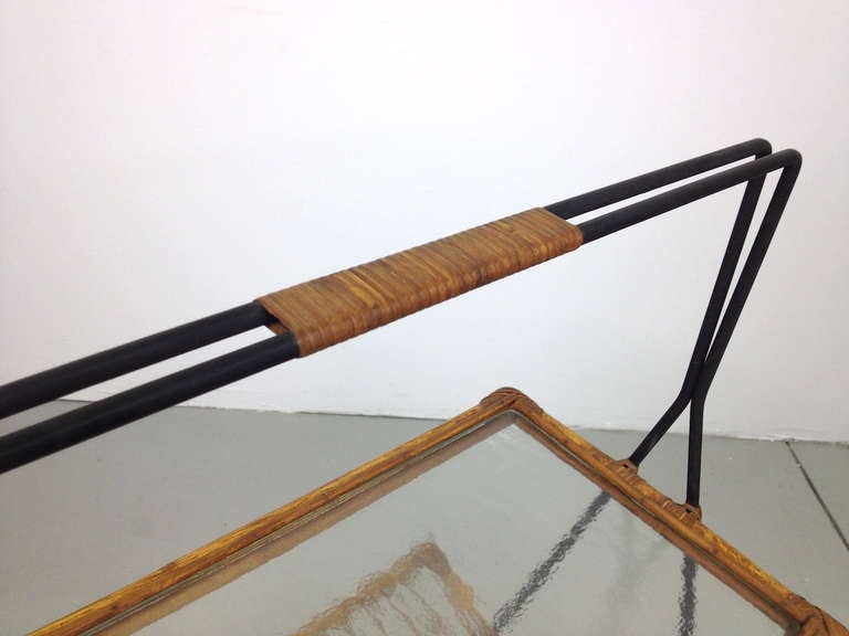 Large Mid Century Iron Rattan and Glass Magazine Side Table 5