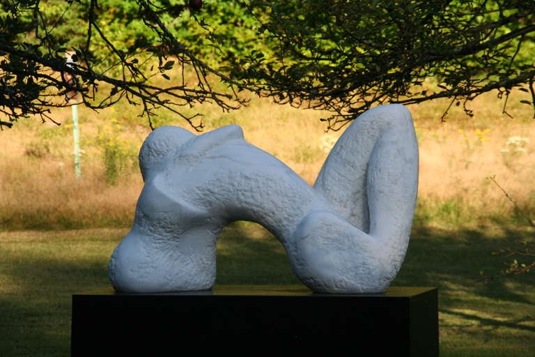 Casey Schwarz Monumental Outdoor Garden Sculpture, Reclining Arch Figure, Vermont Marble, 45L x 27H x 17D rough surface smooth 
white.