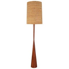 Large Mid-Century Walnut Floor Lamp with Cork Shade