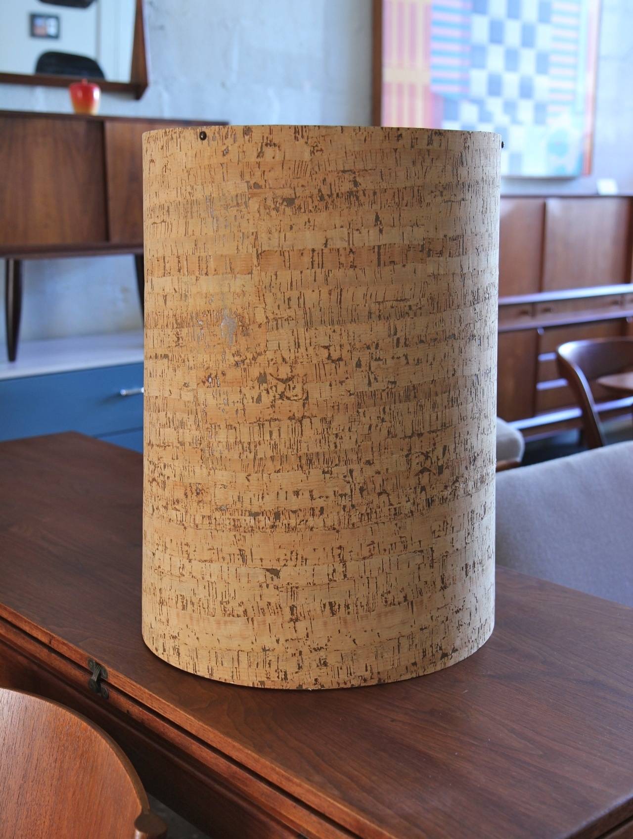 Large Mid-Century Walnut Floor Lamp with Cork Shade 1