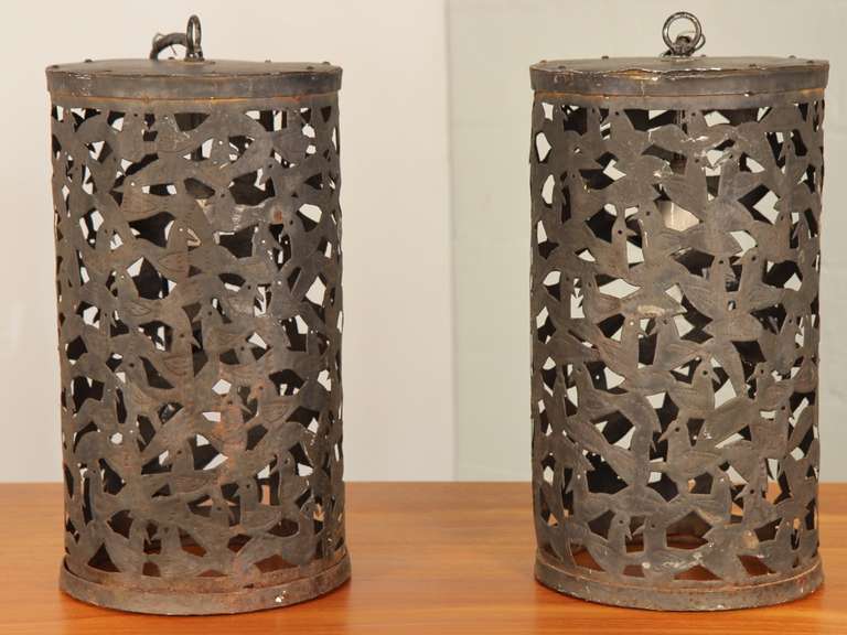 Rustic Vintage Handmade Bird Motif Metal Lanterns