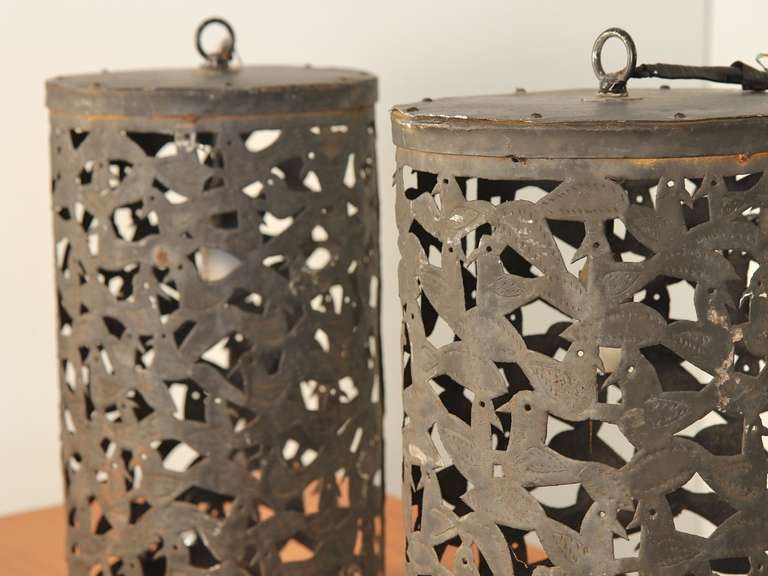 Mid-20th Century Vintage Handmade Bird Motif Metal Lanterns