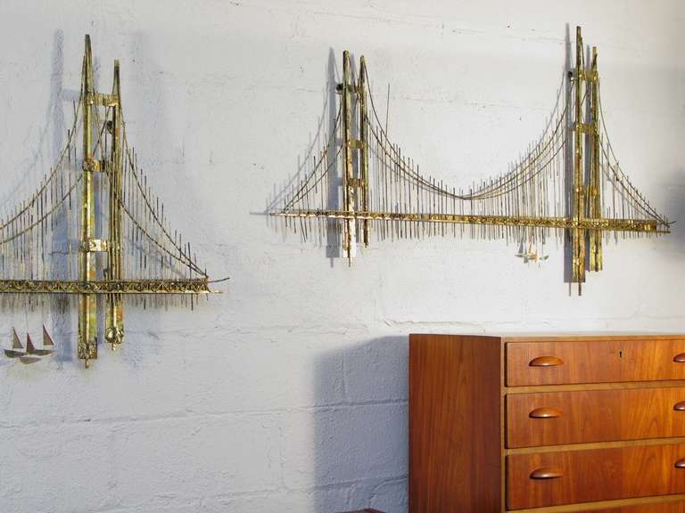 Mid-Century Modern Pair of Curtis Jeré Golden Gate Bridge Wall Sculptures