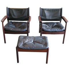 Leather and Rosewood Chair and Ottoman Set by Gunnar Myrstrand