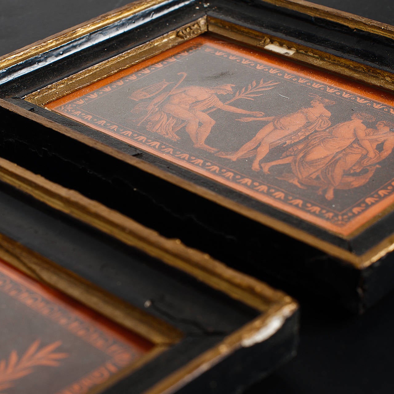 Colored engravings couple in Directoire style with classical scene. Original frames.