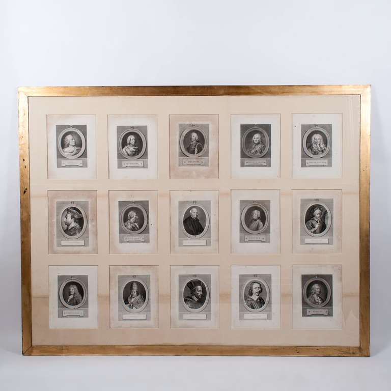 Decorative collection of thirty  engravings of famous men. Are divided in  two big frame wich fifteen prints for framework.