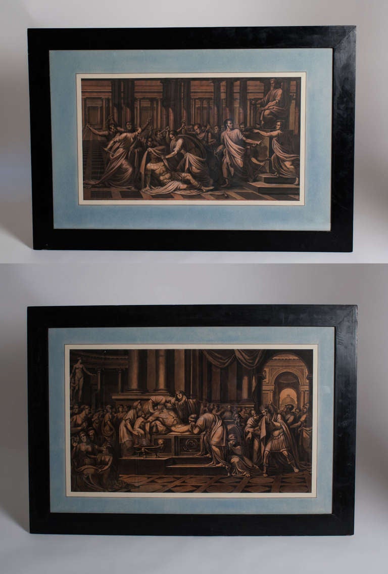 Paire de scènes de la vie de Jules César. Réalisé à la gouache sur papier avec cadre ancien. Nous avons deux paires. Signé par Alberto de Benedetti, vers 1849.