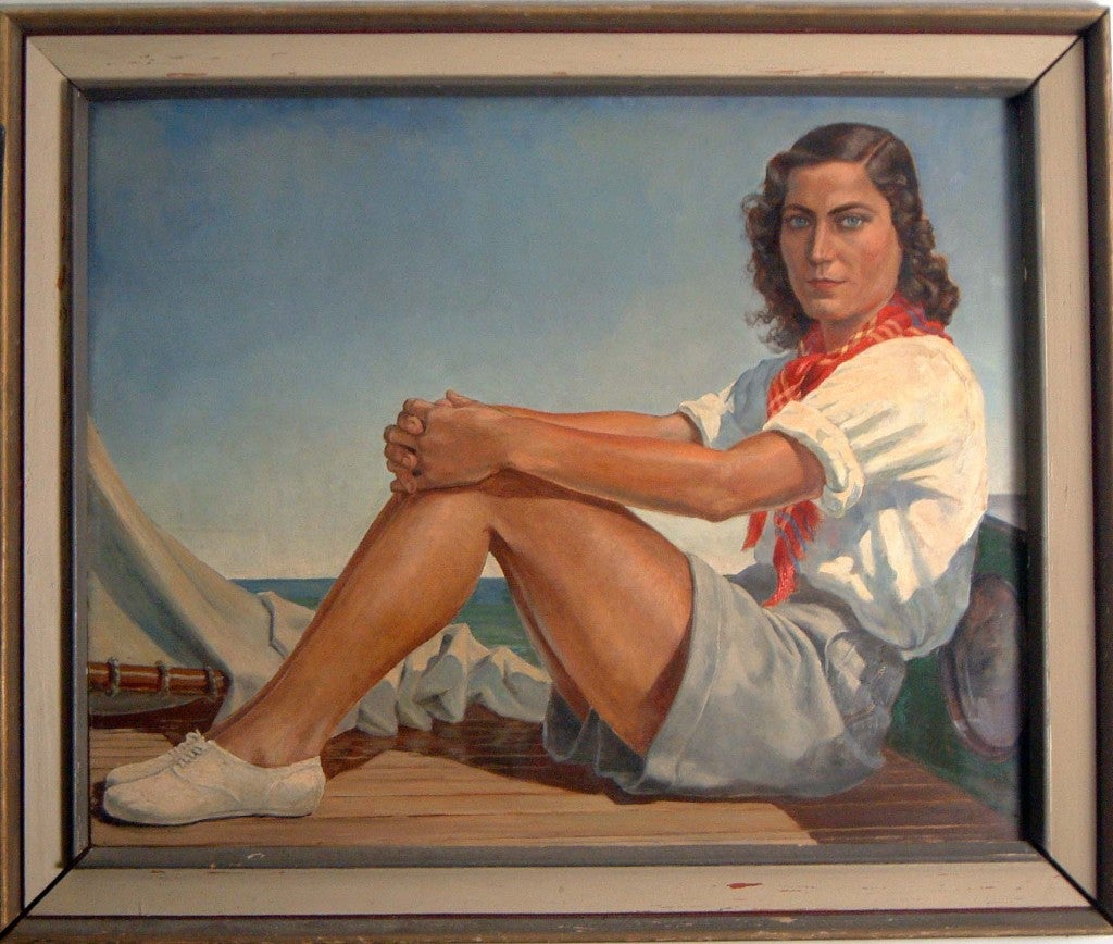 Oil painting representing a woman on a summer sail