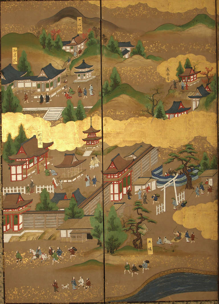 oil painted and gilt paper.
Six pannels representing a landscape with a small village with peasants and riders.