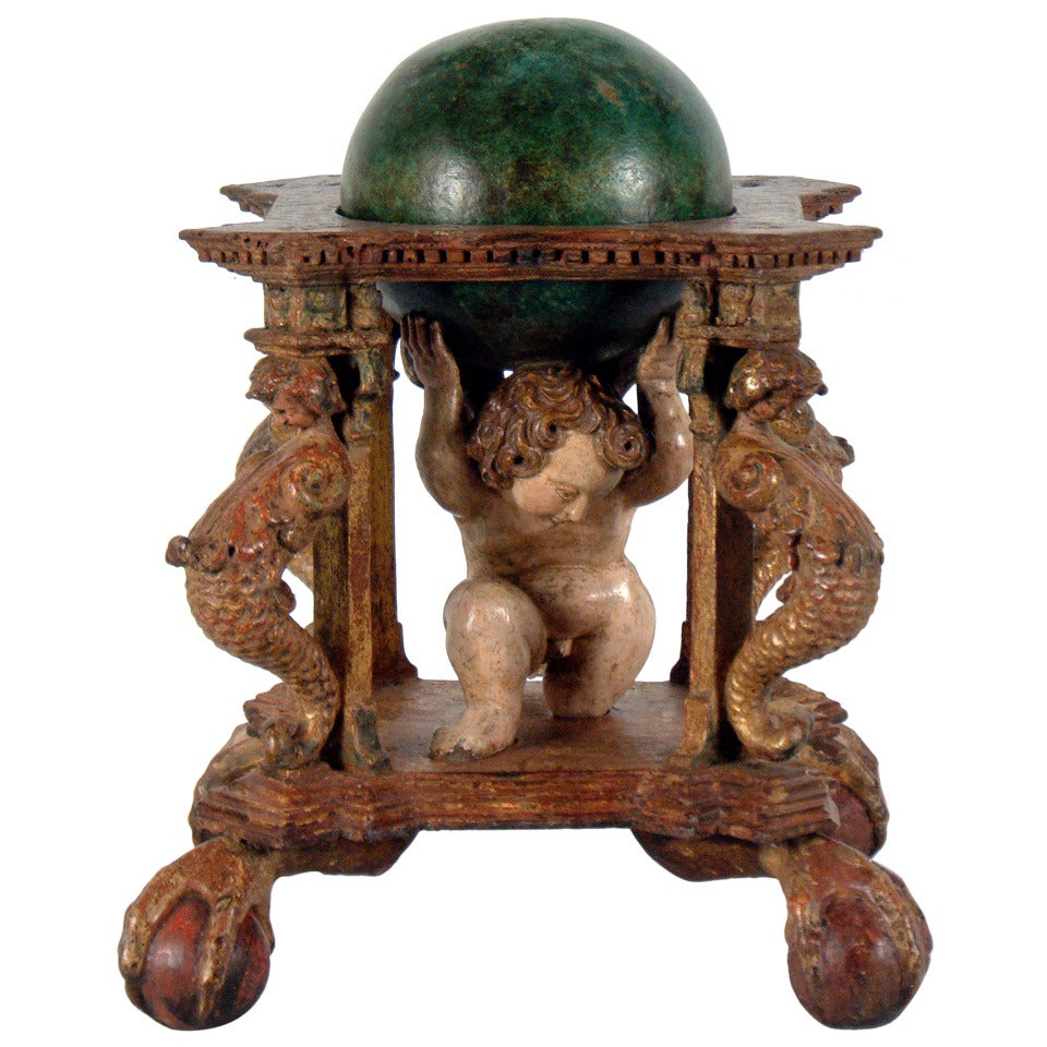 18th Century Italian Carved and Polychromed Wood Celestial Globe For Sale