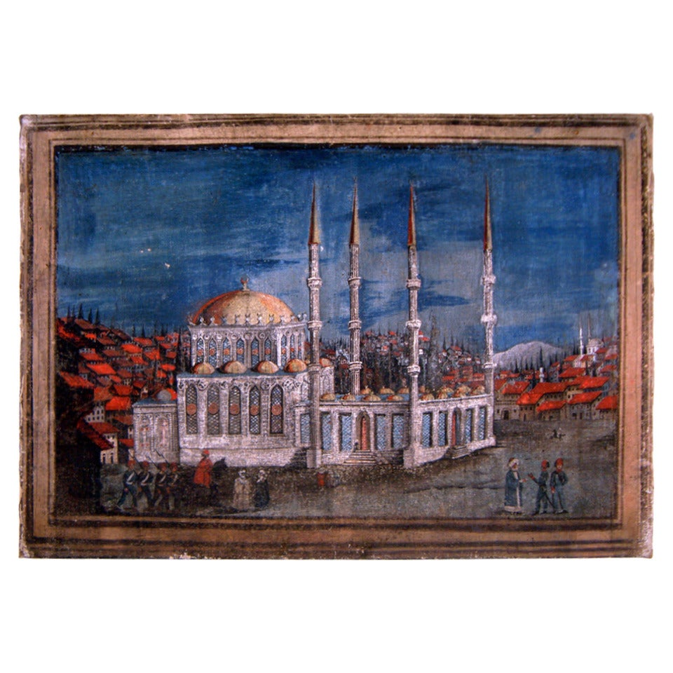 Pair of 19th Century Tempera on Canvas Turkish Views For Sale