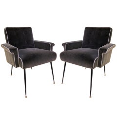 Pair of armchair in grey velvet and iron and brass  legs
