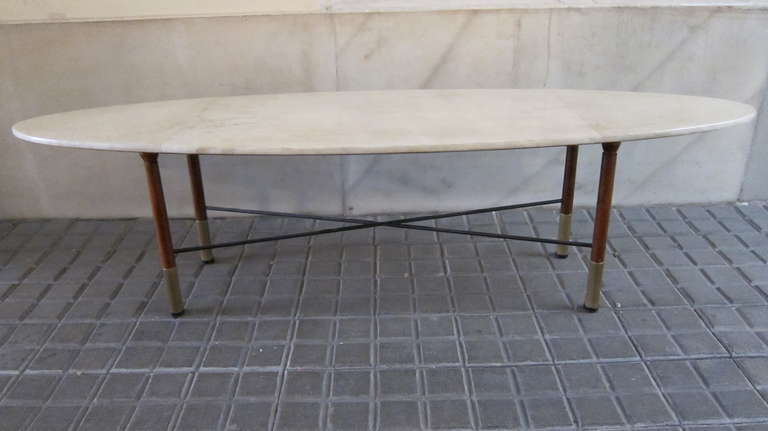 Italian Oval Parchment Center Table with Wood Legs and Brass Castors, Italy 1960 For Sale