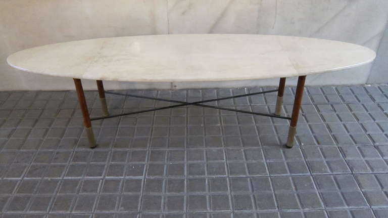 Oval Parchment Center Table with Wood Legs and Brass Castors, Italy 1960 In Good Condition For Sale In Madrid, ES