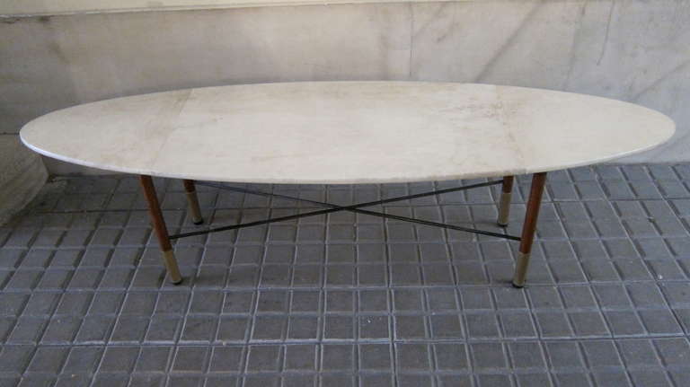 Oval Parchment Center Table with Wood Legs and Brass Castors, Italy 1960 For Sale 3