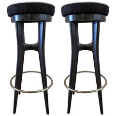 A Pair Of Black Lacquered And Brass Bar Tabourets. Italy 1960