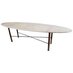 Oval Parchment Center Table with Wood Legs and Brass Castors, Italy 1960