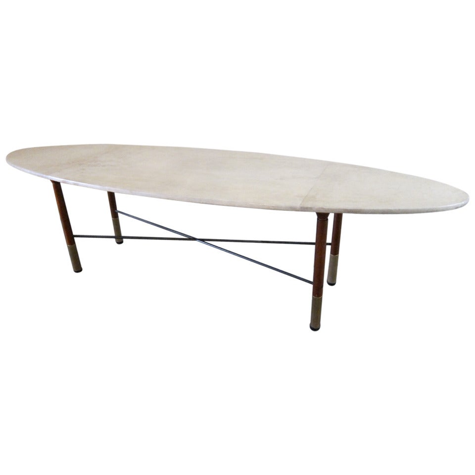 Oval Parchment Center Table with Wood Legs and Brass Castors, Italy 1960 For Sale