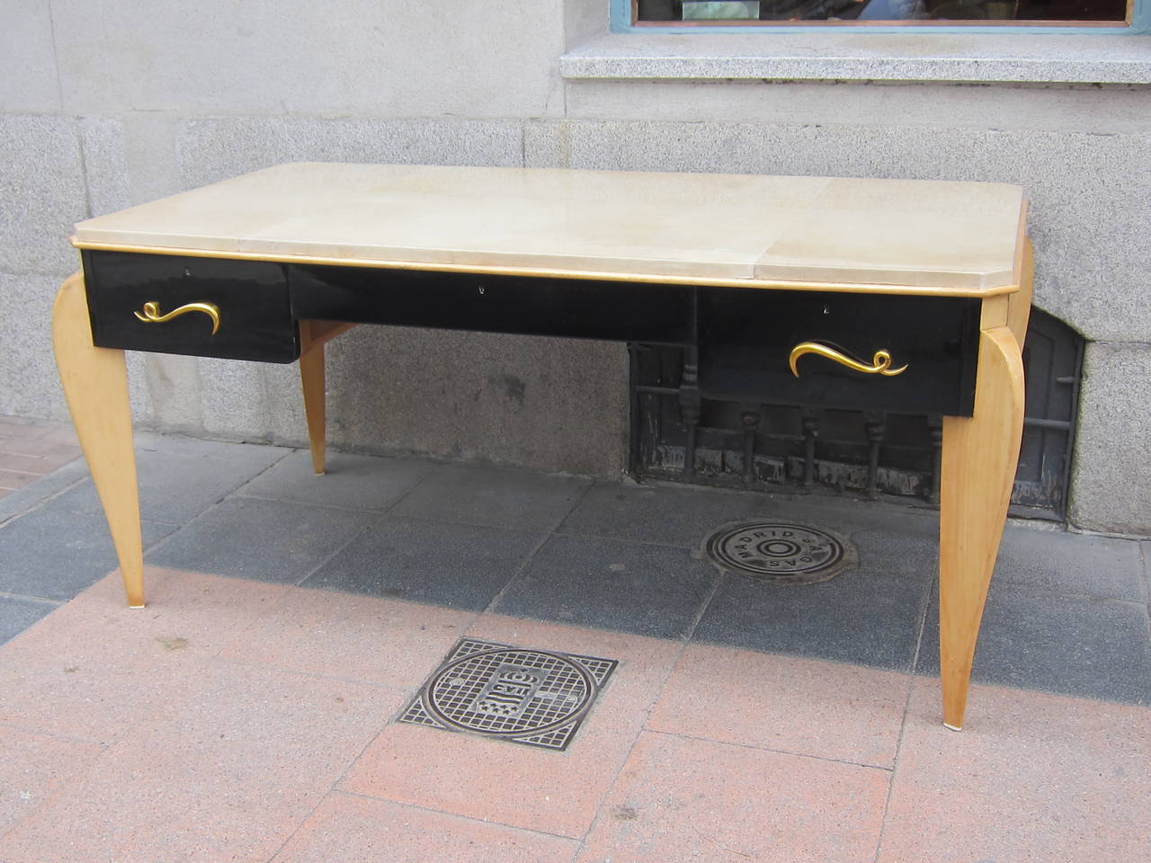 Mid-20th Century René Prou Sycamore Wood and Parchment-Top Writing Table, France 1940 For Sale