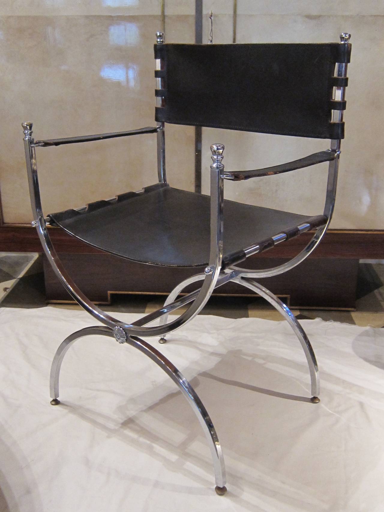 Maison Ramsey, Chromed Steel and Leather Pair of Chairs, France 1940 For Sale 6