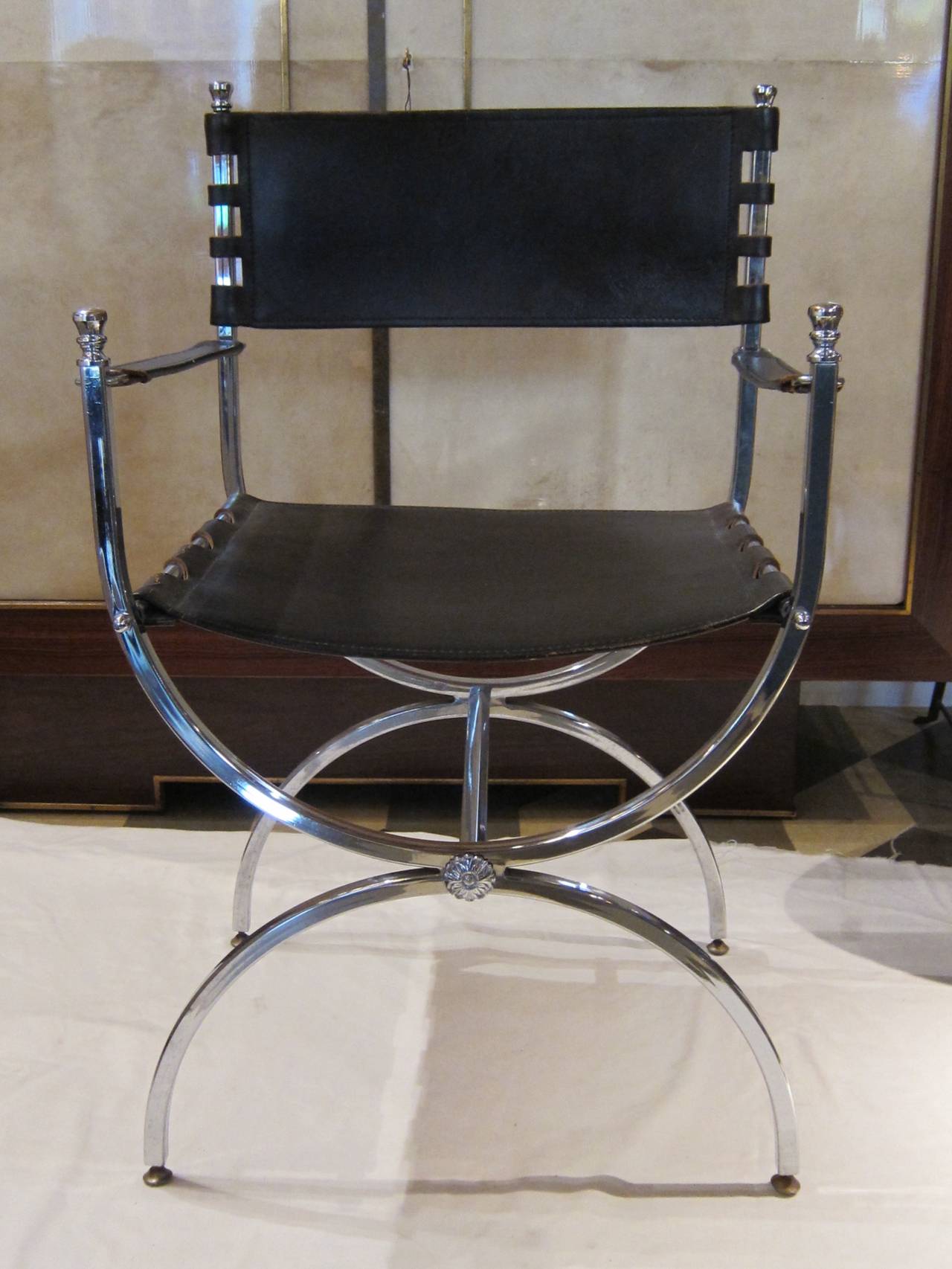 Mid-20th Century Maison Ramsey, Chromed Steel and Leather Pair of Chairs, France 1940 For Sale