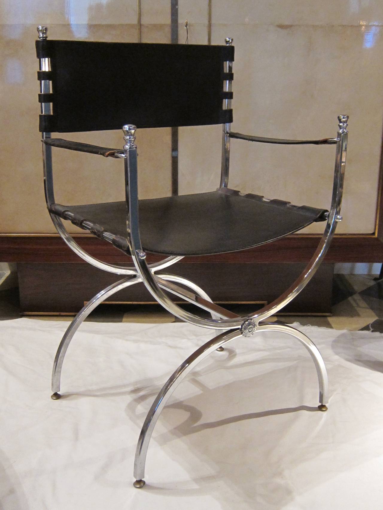 Maison Ramsey, Chromed Steel and Leather Pair of Chairs, France 1940 For Sale 4