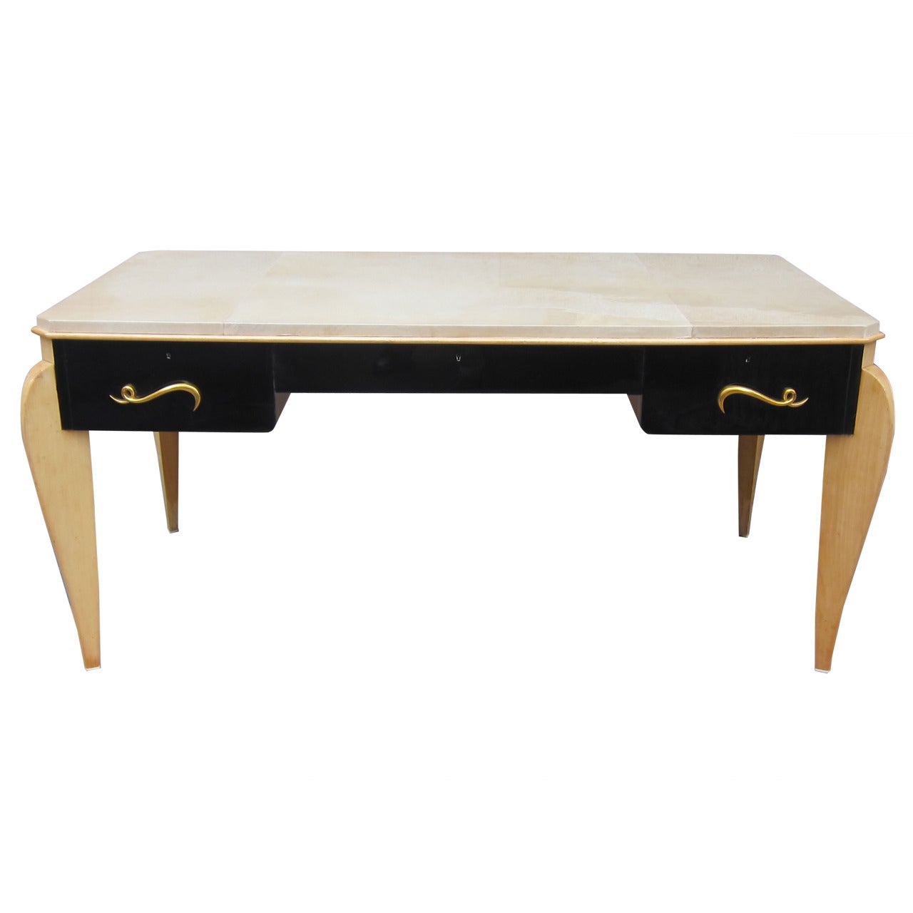 René Prou Sycamore Wood and Parchment-Top Writing Table, France 1940 For Sale