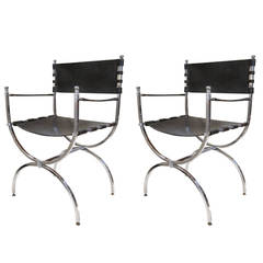 Maison Ramsey, Chromed Steel and Leather Pair of Chairs, France 1940