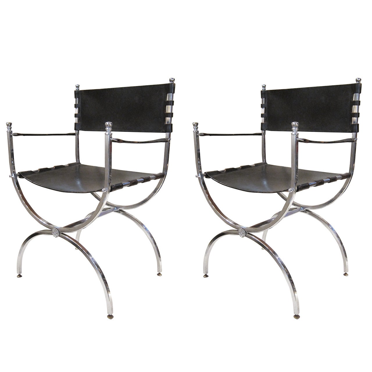 Maison Ramsey, Chromed Steel and Leather Pair of Chairs, France 1940 For Sale