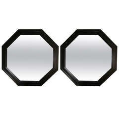 XXL pair octogonal black wooden frames mirrors. Spain circa 1940