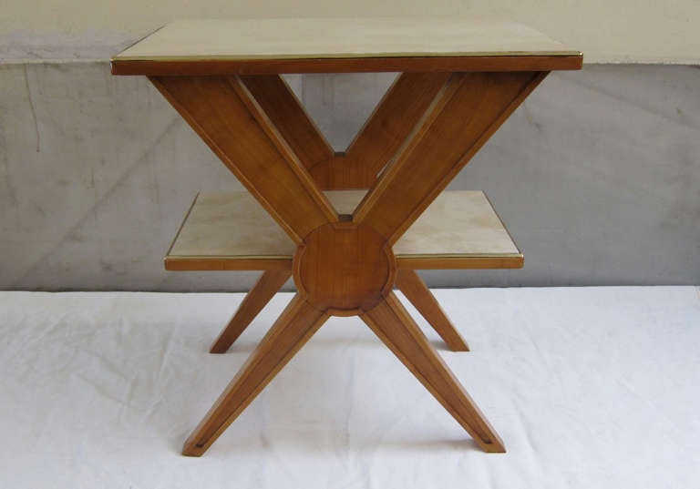 Fruit Wood, Parchment and Brass Side Table by Maxime Old, France, 1950s