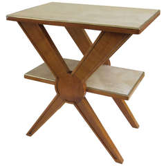 Fruit Wood, Parchment and Brass Side Table by Maxime Old, France, 1950s Fruit Wood, Parchment and Brass Side Table by Maxime Old, France, 1950s