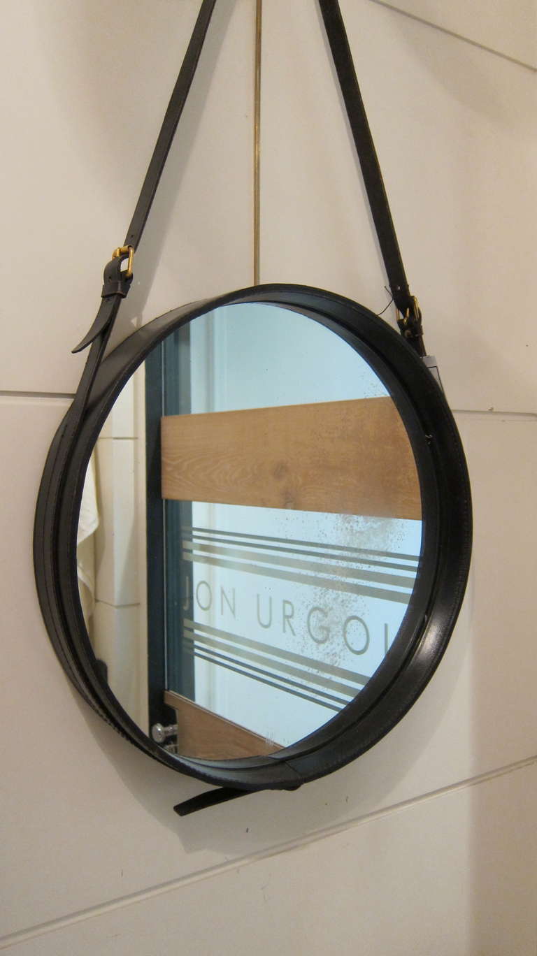 French Black Leather Mirror by Jacques Adnet, France, 1960