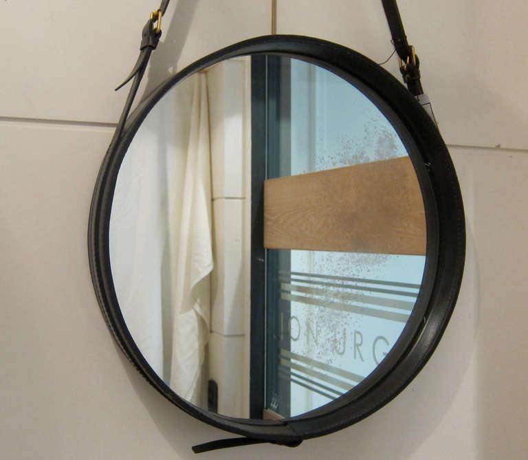 Black Leather Mirror by Jacques Adnet, France, 1960 2