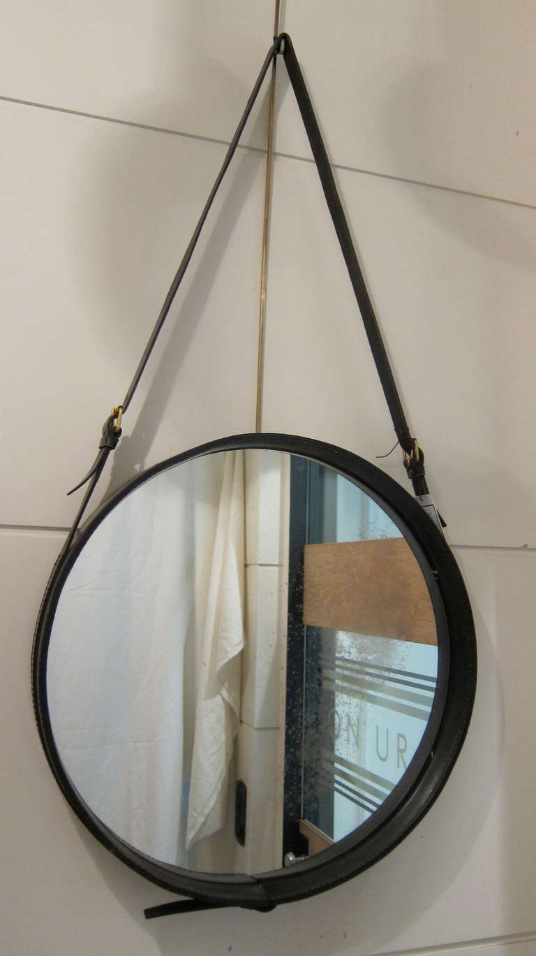 Black Leather Mirror by Jacques Adnet, France, 1960 3