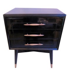 Unusual small geomtric black lacquered wood chest of drawers.