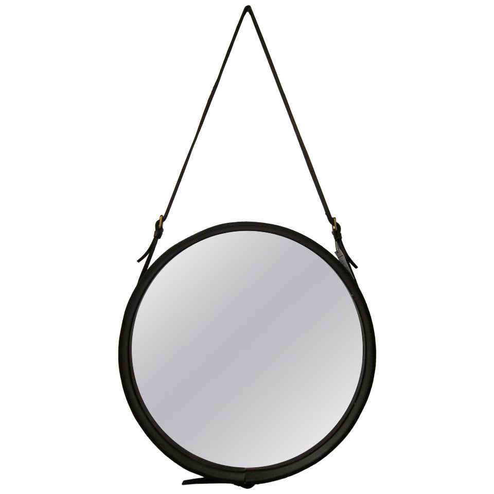Black Leather Mirror by Jacques Adnet, France, 1960