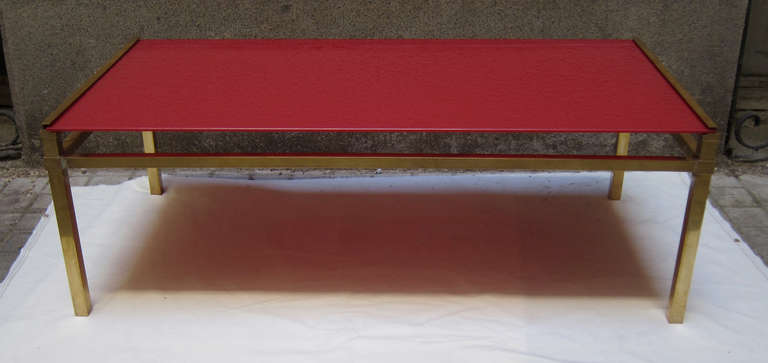 Gilded Brass Coffee Table with Red Glass Top, France, 1960s