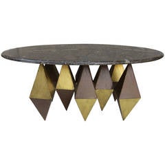 Gilded Iron and eliptical Marble-Top Coffee Table.