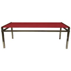 Vintage Gilded Brass Coffee Table with Red Glass Top, France, 1960s
