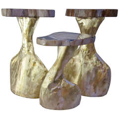 Three Brass and Fossil Wood Small Table