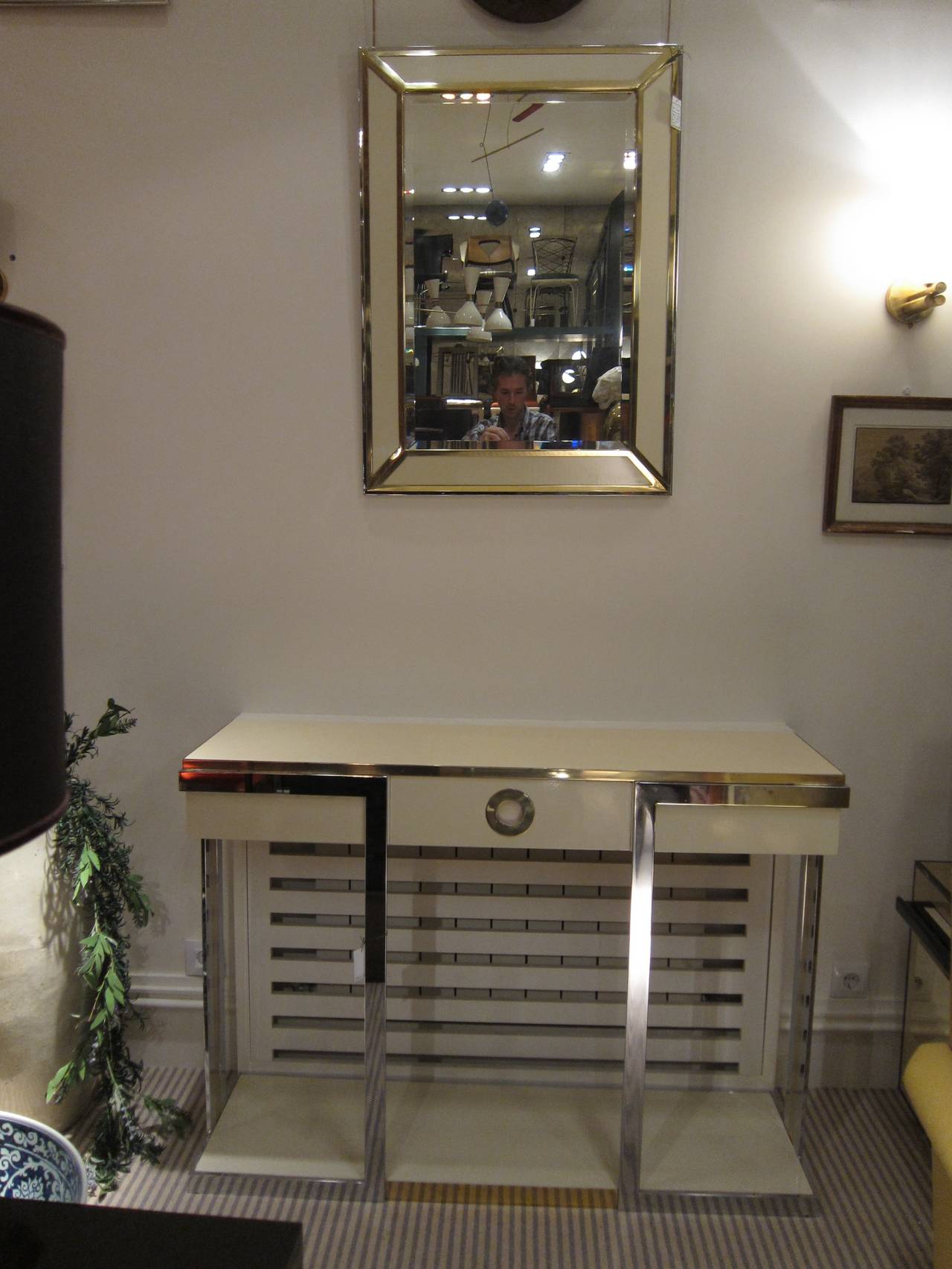 Willy Rizzo for Sabot Production Steel and Lacquer Console and Mirror, 1970s In Excellent Condition For Sale In Madrid, ES