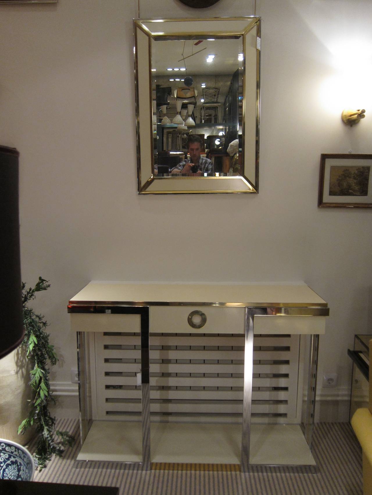 Willy Rizzo for Sabot production, steel, lacquer and brass console mirror. Italy 70'