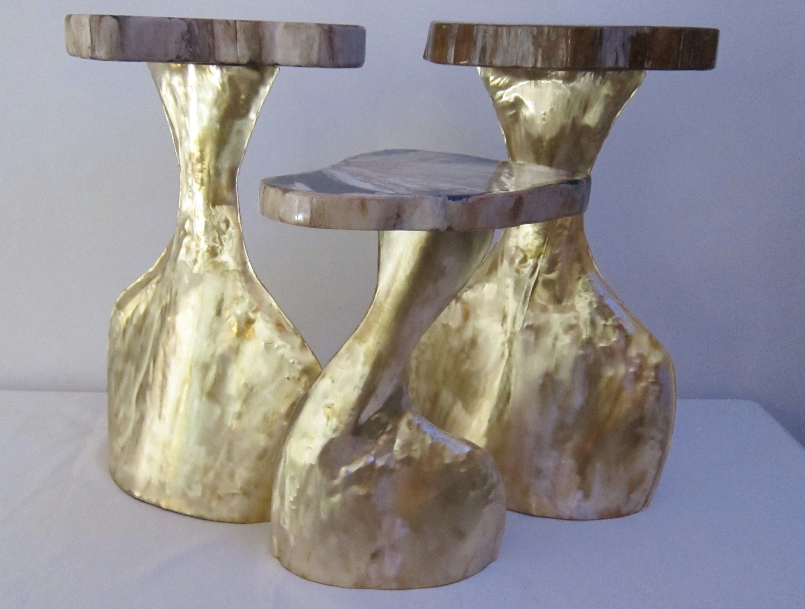Three Brass and Fossil Wood Small Table For Sale