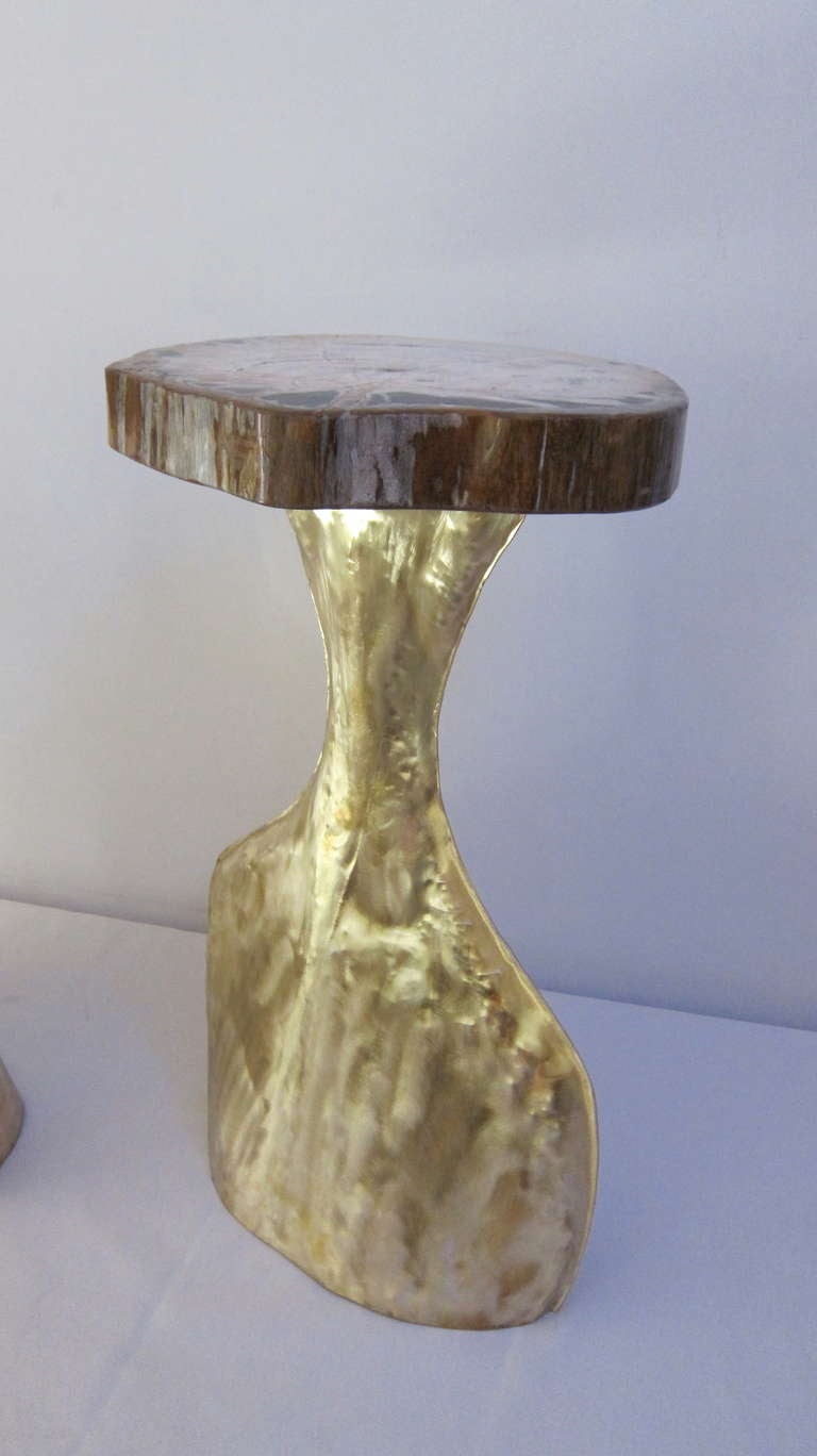 Spanish Three Brass and Fossil Wood Small Table For Sale