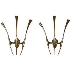 Unusual Pair of Brass Wall Lights by Oscar Torlasco, Italy, 1955